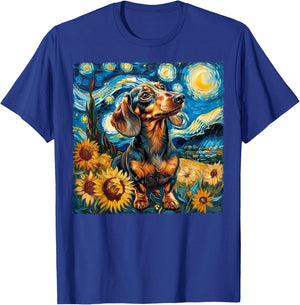 Van Gogh Style Funny Brown Dachshund Lover Starry Night Art T-Shirt - T-Shirt | Royal