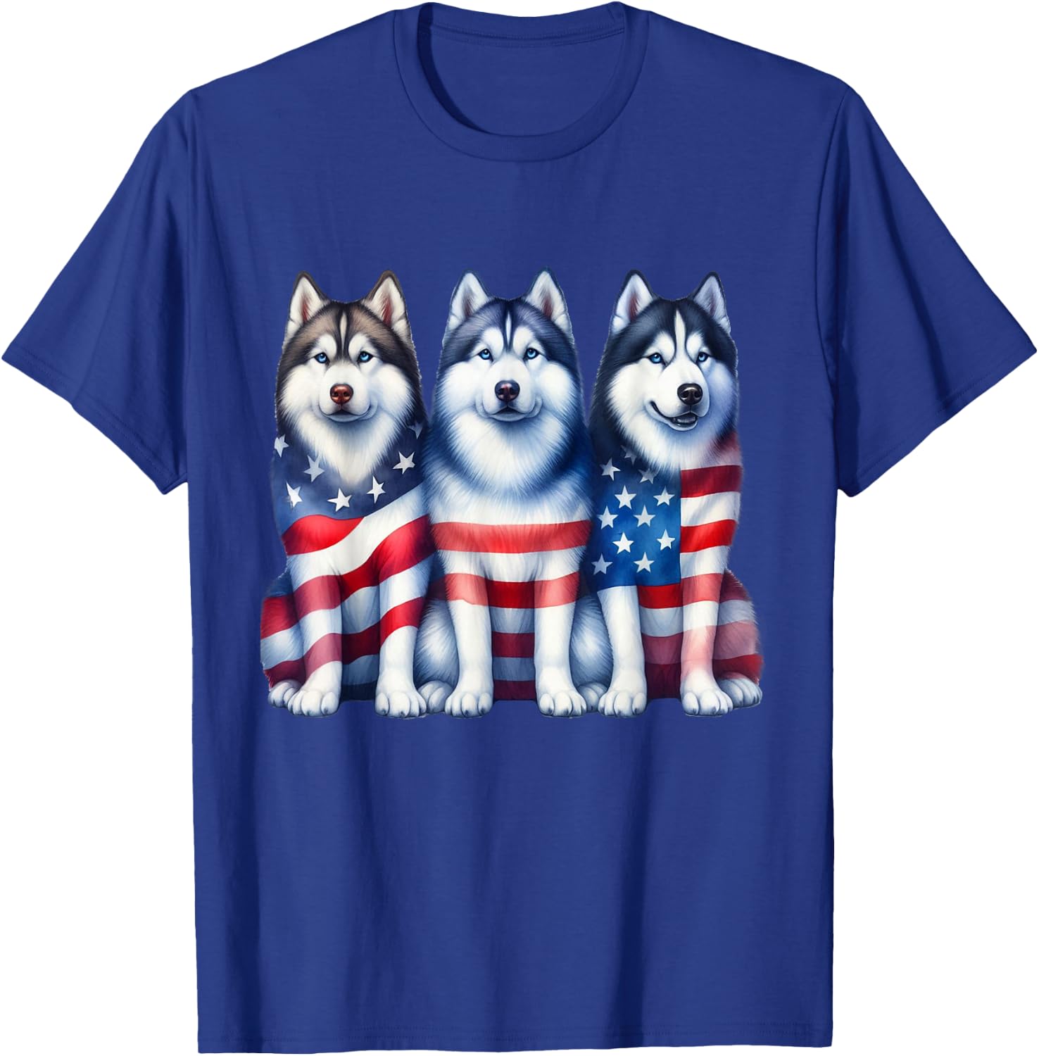 Three Husky Dog American USA Flag 4th of July Dog Lover Women Kids Men T-Shirt - T-Shirt | Royal