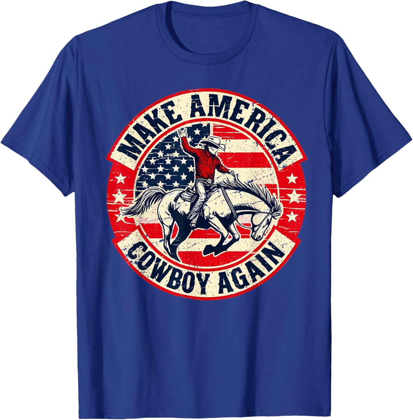 Vintage Western Rodeo USA Flag Makes America A Cowboy Again T-Shirt - T-Shirt | Royal