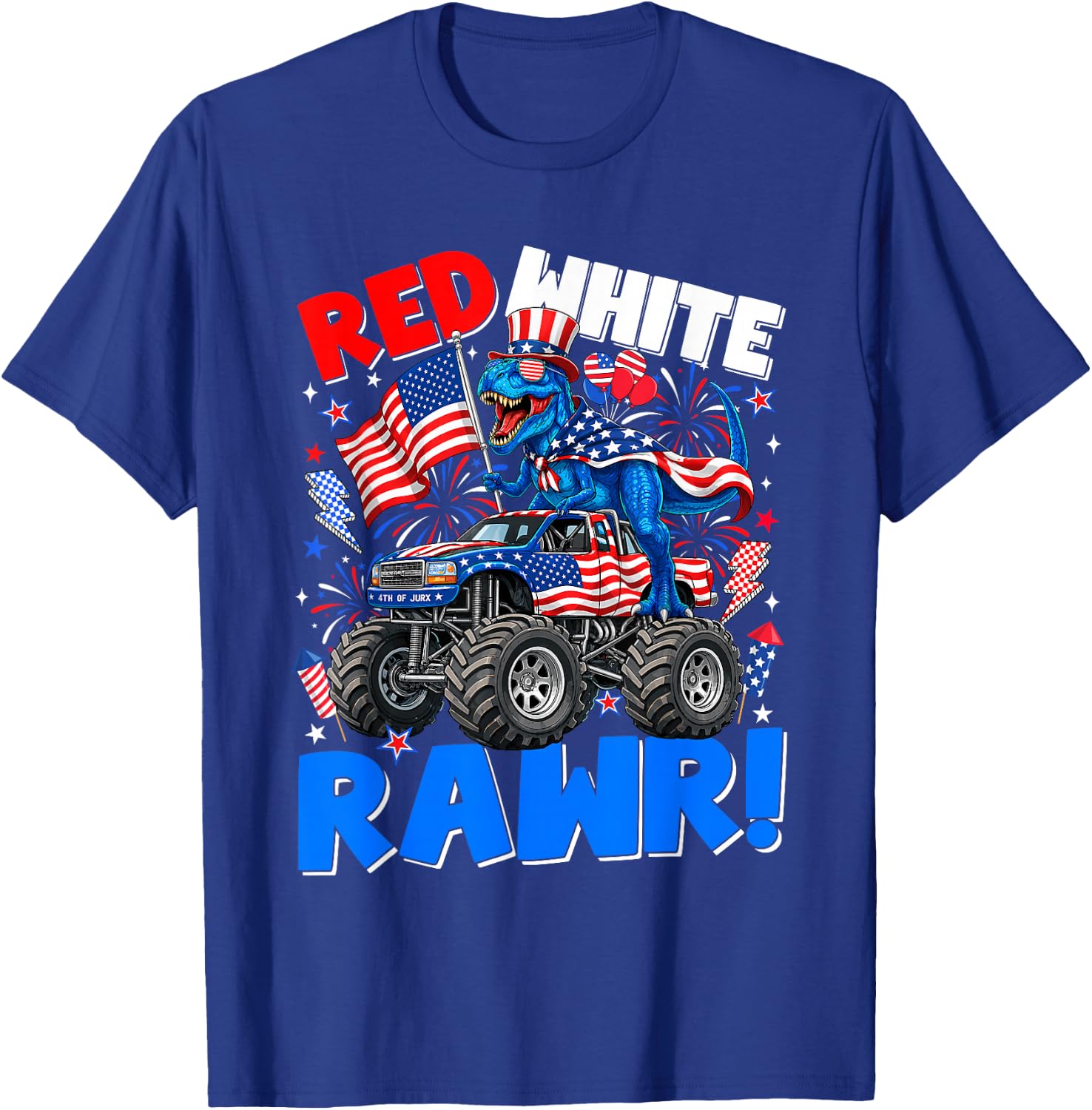 Red White Rawr T-Rex Monster Truck 4th of July Patriotic Boy T-Shirt - T-Shirt | Royal