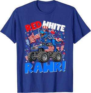 Red White Rawr T-Rex Monster Truck 4th of July Patriotic Boy T-Shirt - T-Shirt | Royal