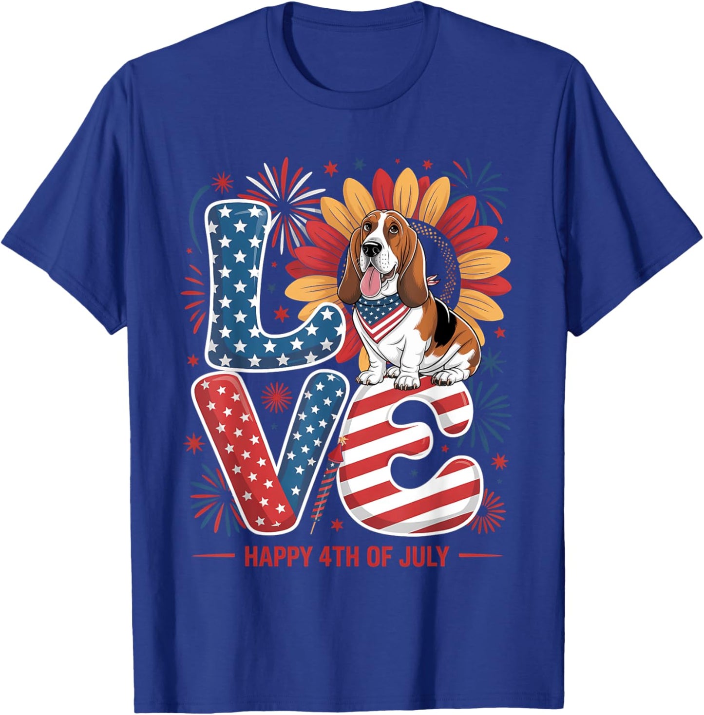 Funny Love Basset Hound Dog USA Flag Patriotic 4th Of July Women Kids T-Shirt - T-Shirt | Royal