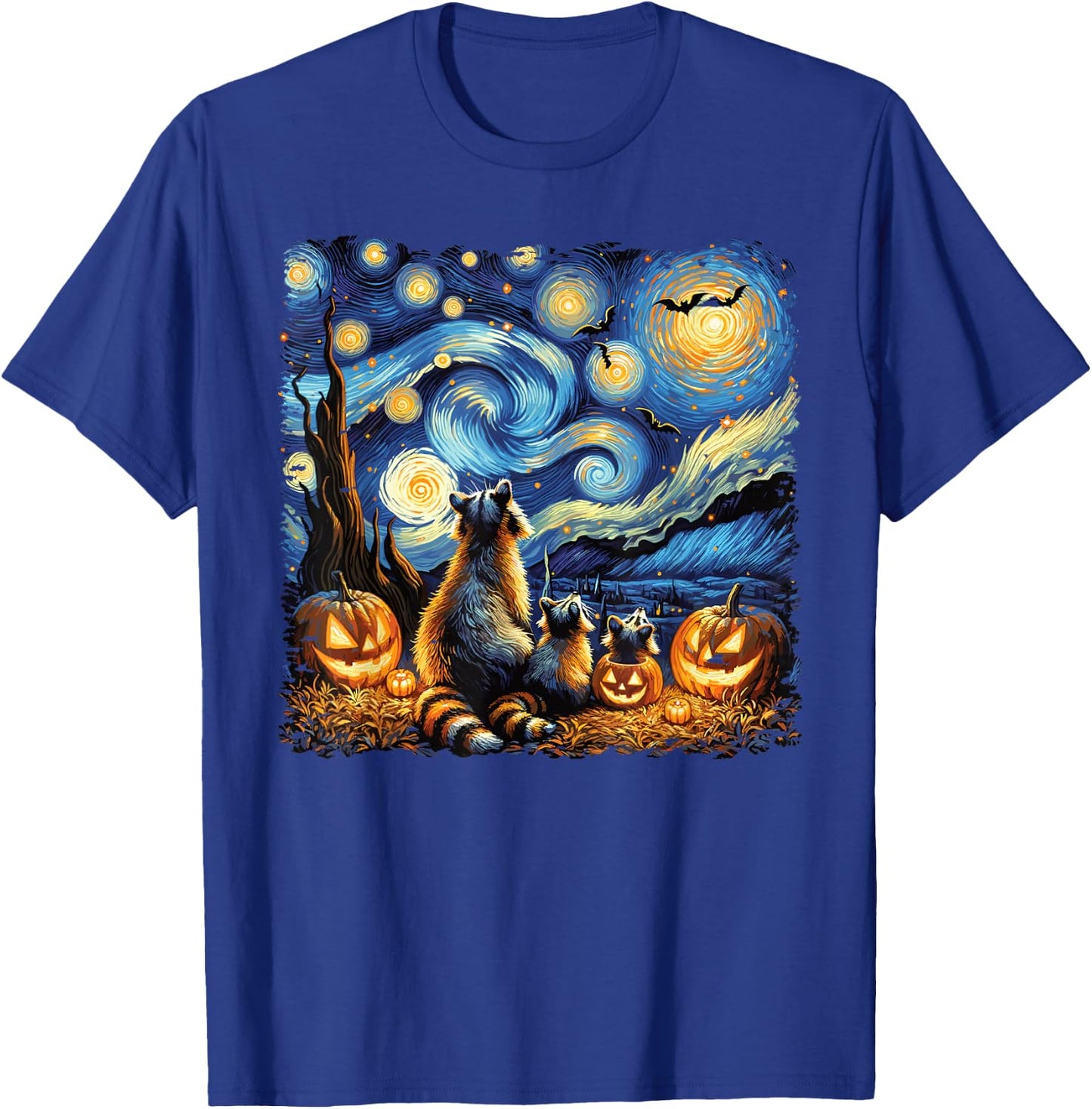 Halloween Fall Raccoon Van Gogh Starry Night Bats & Pumpkins T-Shirt - T-Shirt | Royal