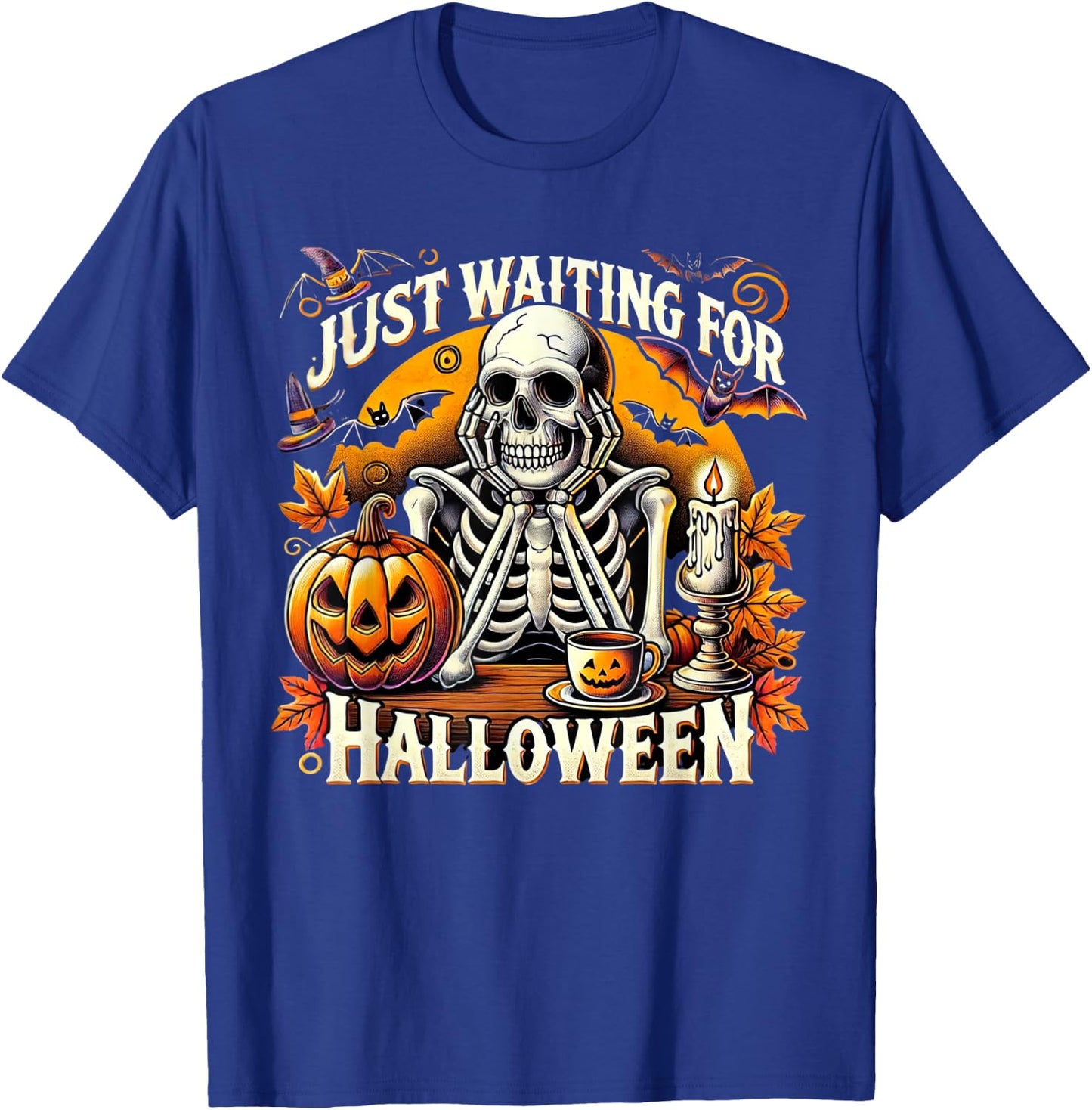 Just Waiting for Halloween Skeleton Coffee Spooky Season T-Shirt - T-Shirt | Royal