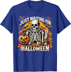 Just Waiting for Halloween Skeleton Coffee Spooky Season T-Shirt - T-Shirt | Royal