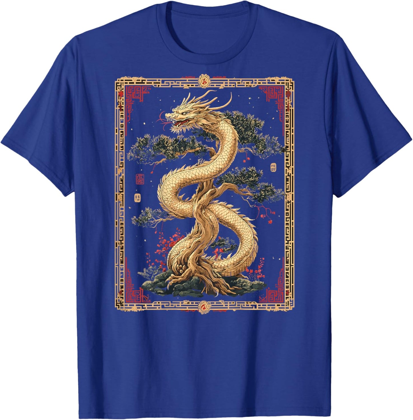 Chinese Dragon Bonsai Back Printed Graphic T-Shirt - T-Shirt | Royal