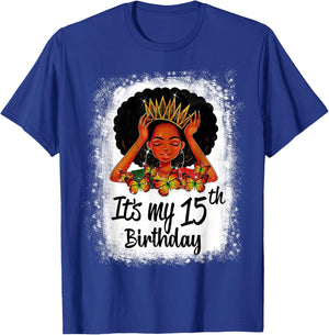15 Years Old Black Melanin Women Girl It's My 15th Birthday T-Shirt - T-Shirt | Royal