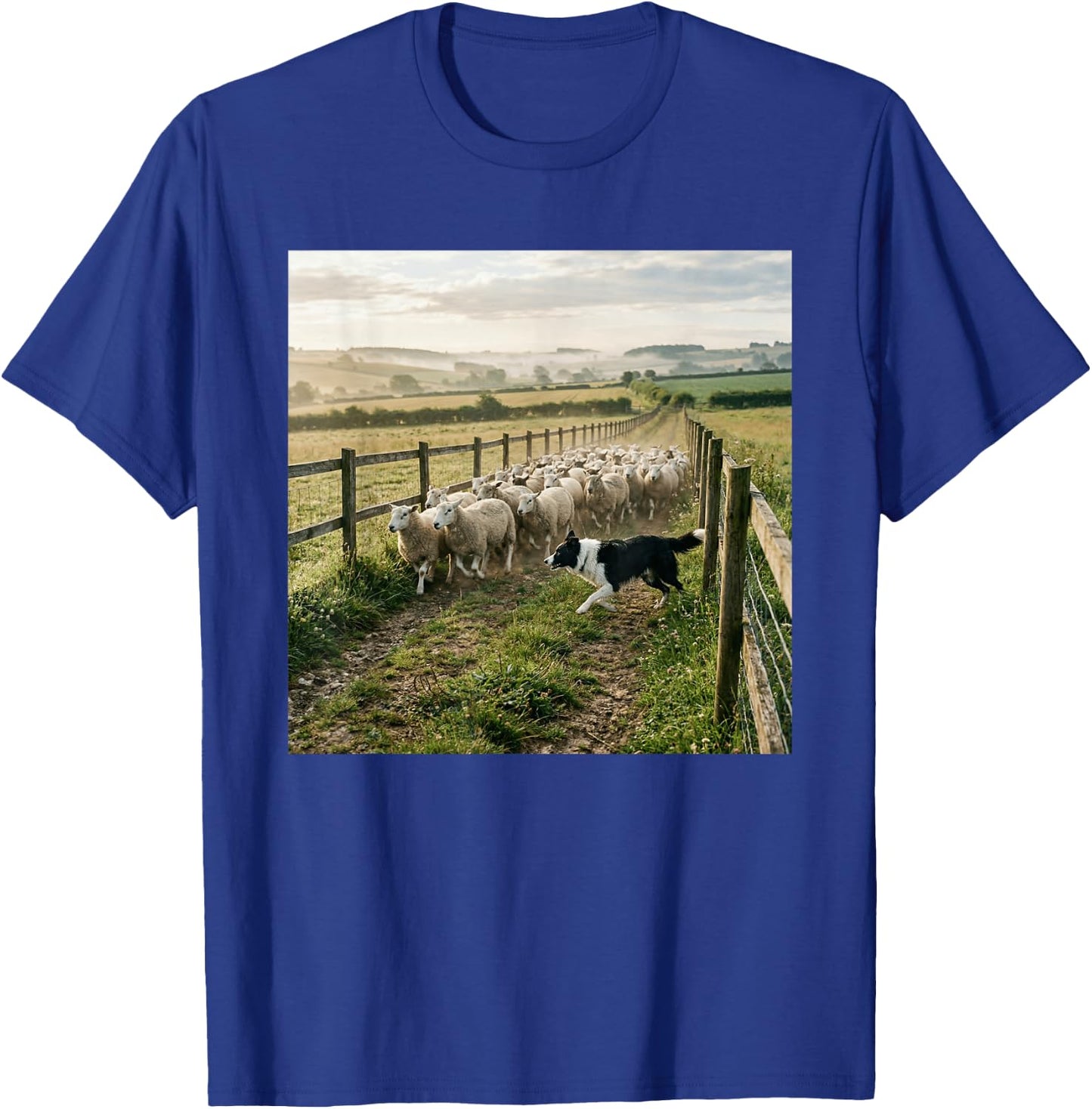 Border Collie Herding Sheep Countryside Farm Scene T-Shirt - T-Shirt | Royal