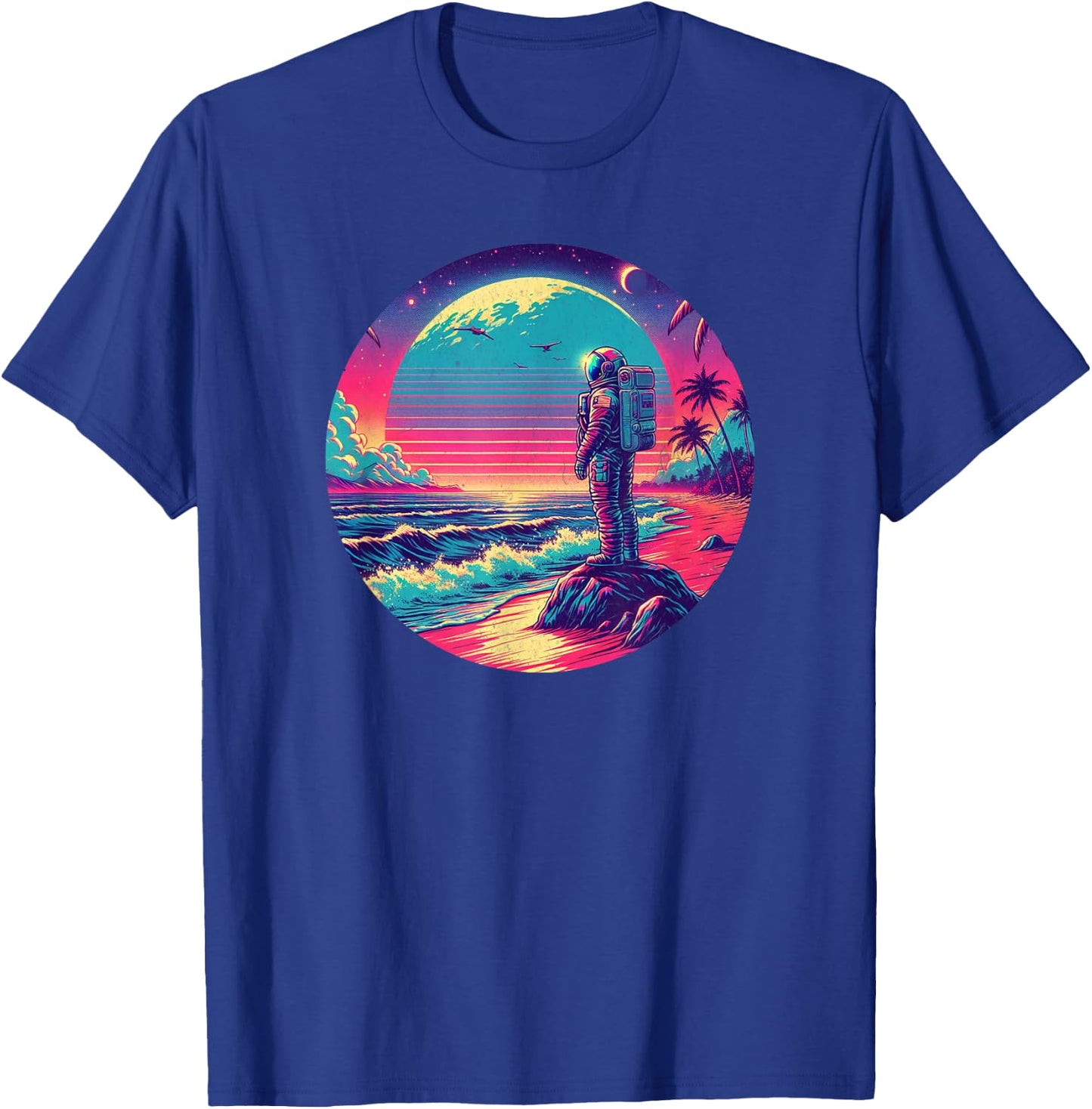 Synthwave Astronaut on the Beach, 1980s Retro T-Shirt - T-Shirt | Royal