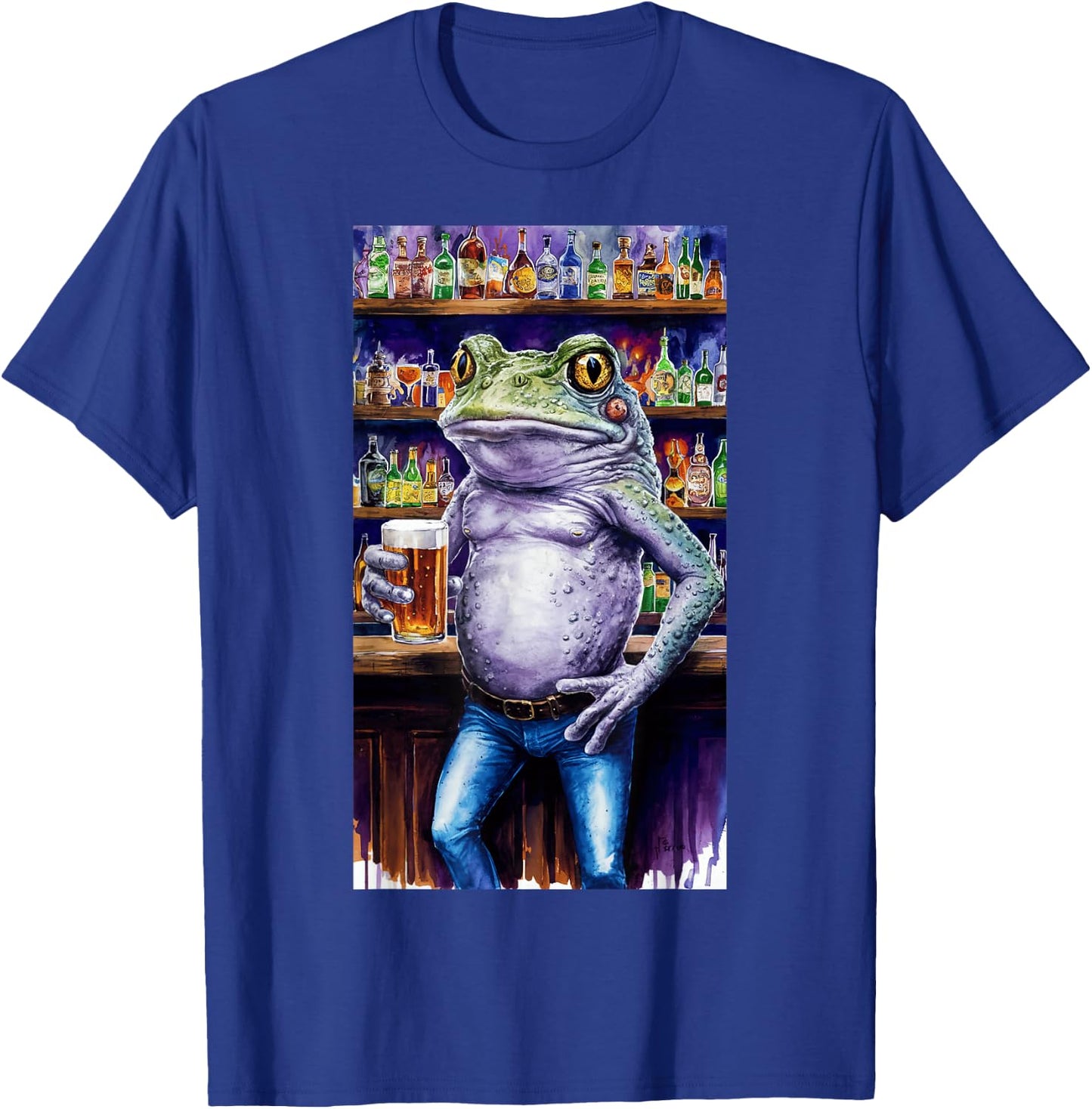 Frog Standing In A Bar Holding A Beer Adult Image T-Shirt - T-Shirt | Royal
