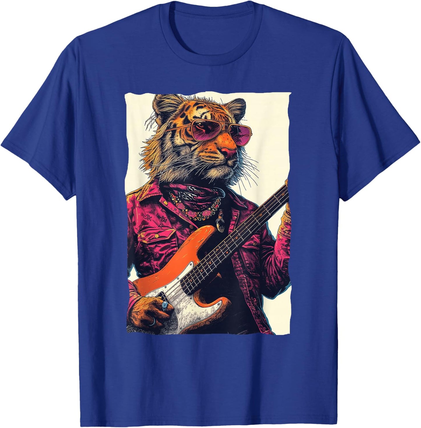 Cool Tiger Playing Guitar Retro Music lover T-Shirt - T-Shirt | Royal