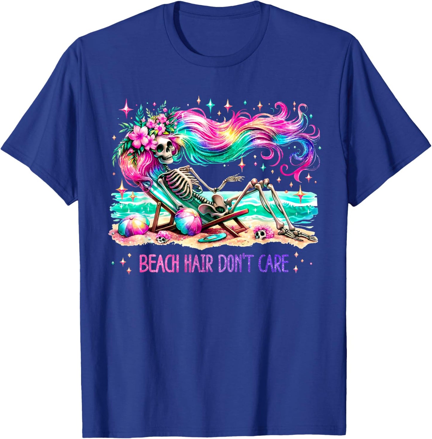 Beach Hair Don't Care Skeleton Woman Summer Vacation Hawaii T-Shirt - T-Shirt | Royal