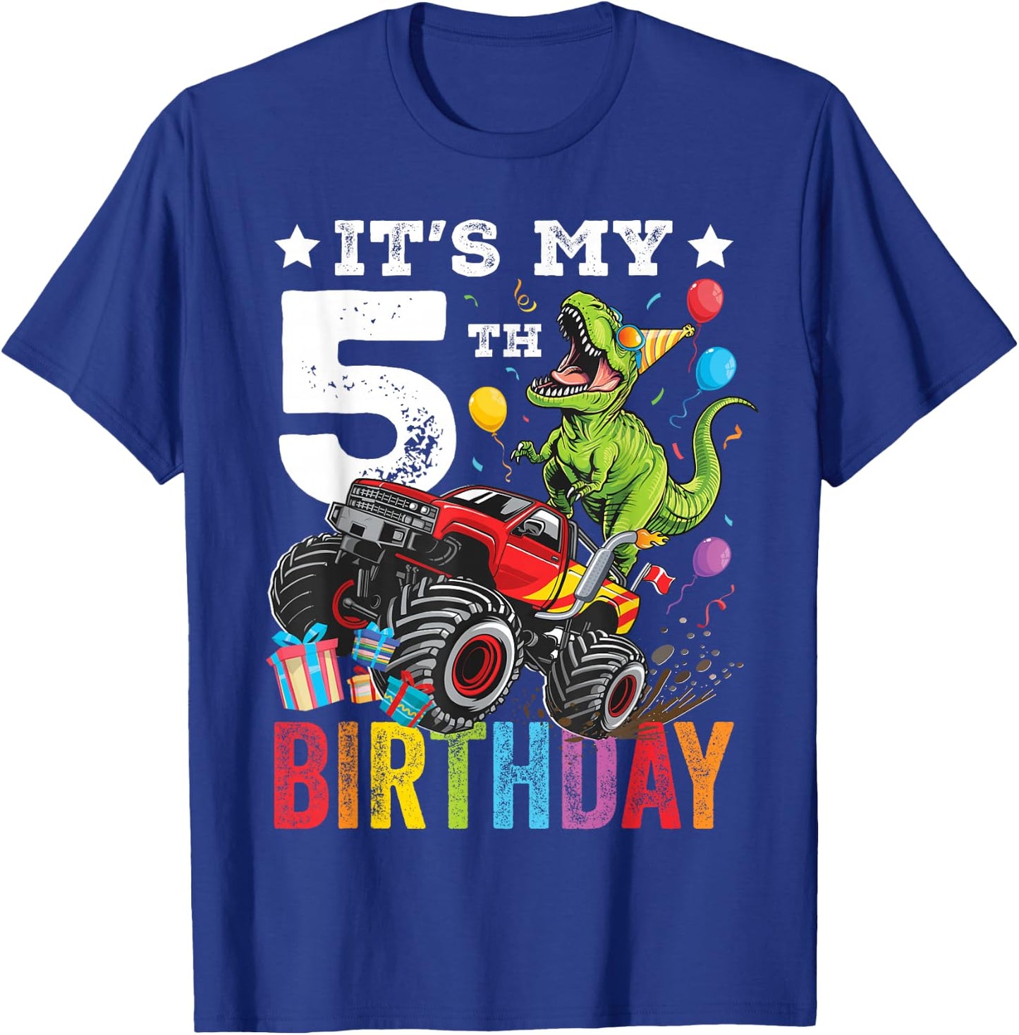 Five 5th Birthday Dinosaur Monster Truck T-Shirt - T-Shirt | Royal