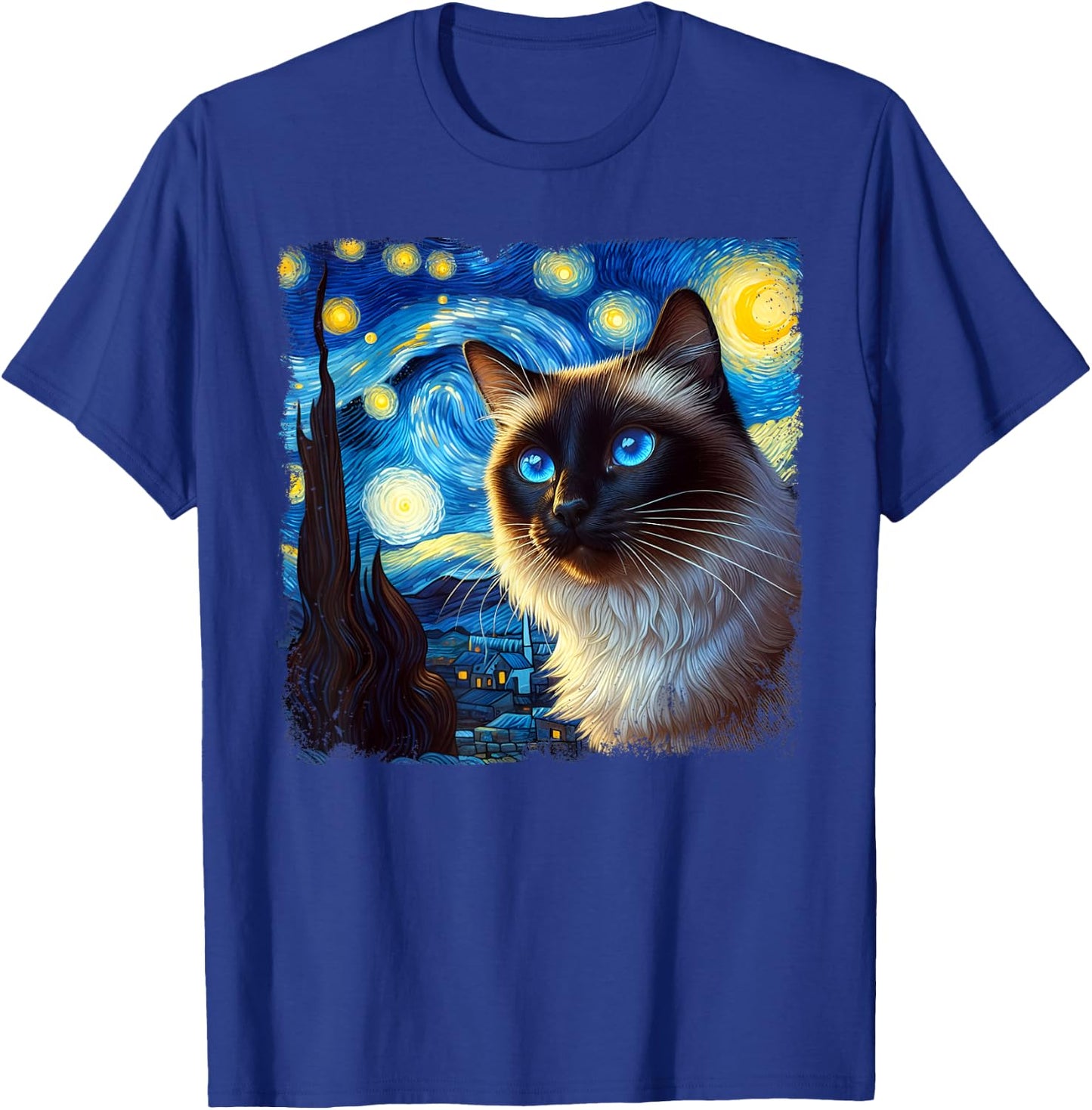 Funny Cute Siamese Cat Starry Night Van Gogh Painting T-Shirt - T-Shirt | Royal