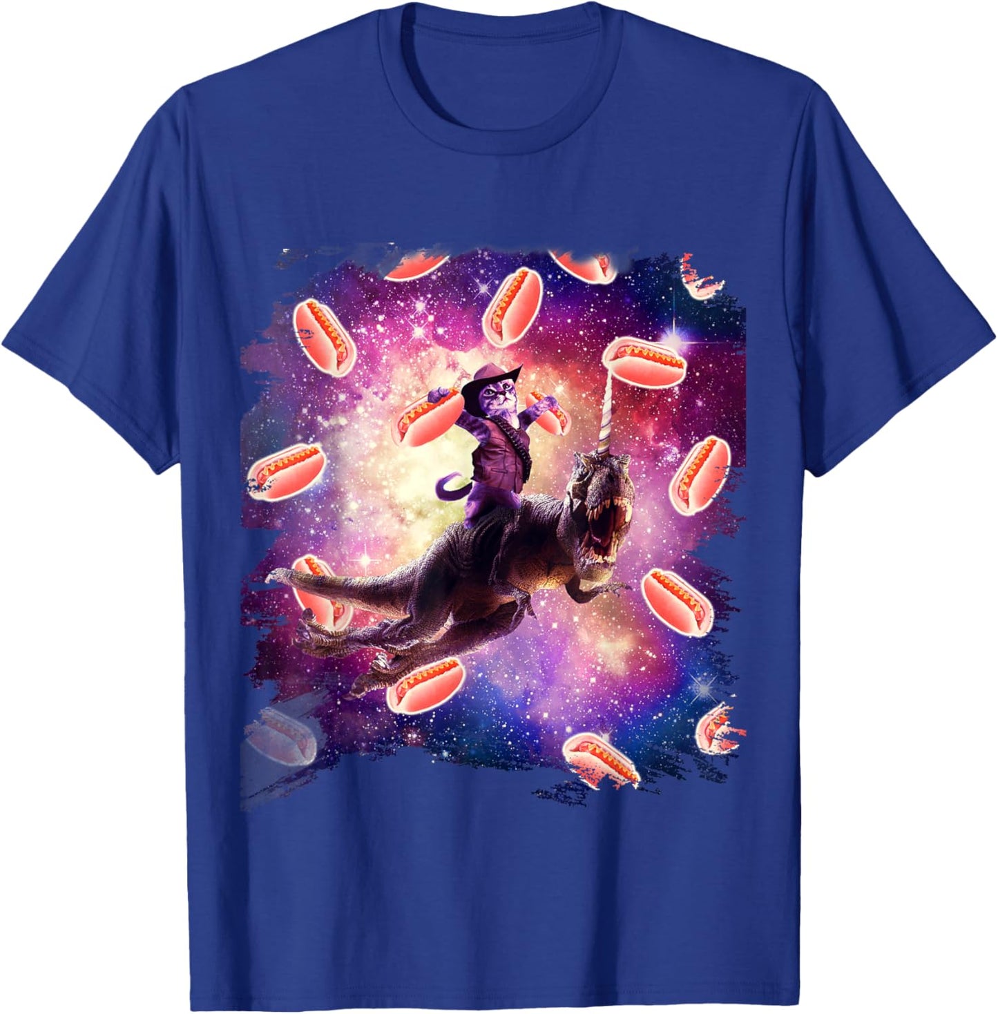 Cowboy Space Cat On Dinosaur Unicorn - Hotdog T-Shirt - T-Shirt | Royal