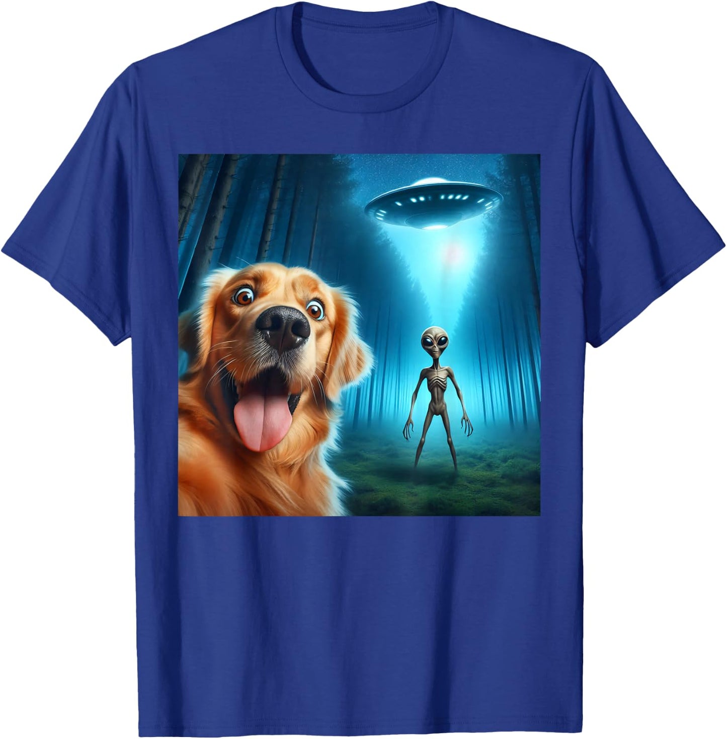 Golden Retriever Selfie Alien UFO Funny T-Shirt - T-Shirt | Royal
