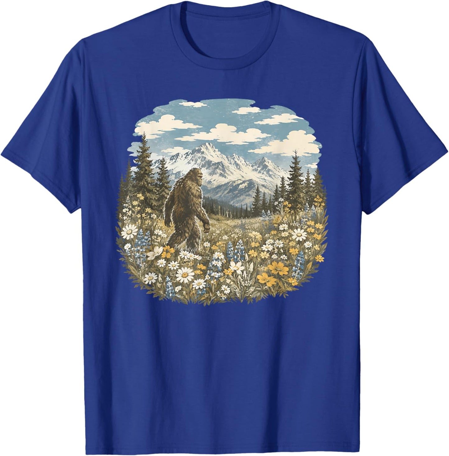Vintage Sasquatch Floral Bigfoot Walks in A Field of Flowers T-Shirt - T-Shirt | Royal