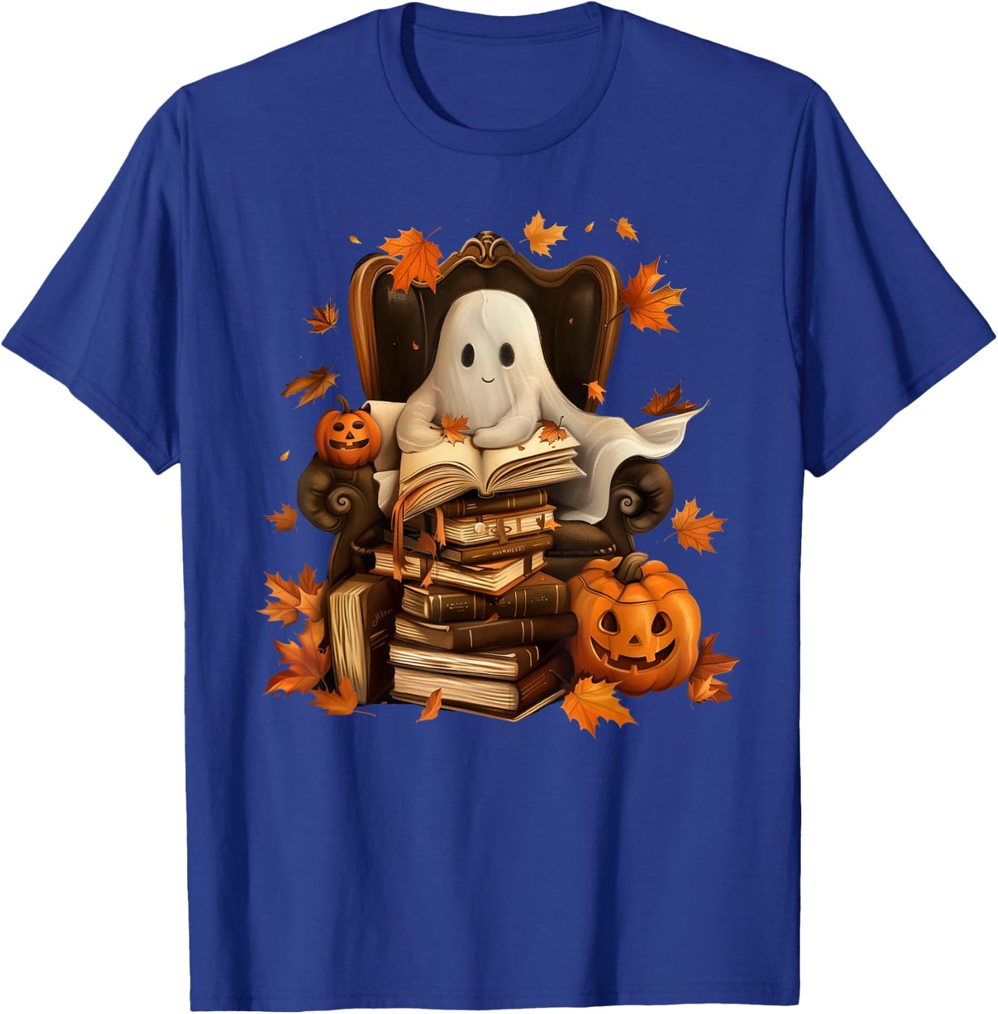Vintage Ghost Book Reading Pumpkin Gothic Halloween Teachers T-Shirt - T-Shirt | Royal