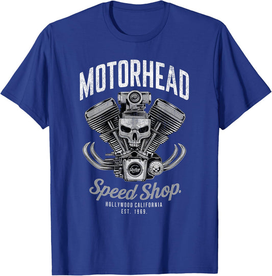 Skeleton Motor Head Speed Shop Hot Rod Mechanic Car Lover T-Shirt - T-Shirt | Royal