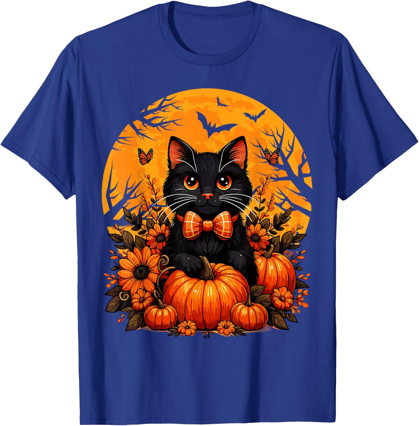 Retro Black Cat Fall Pumpkin Cute Halloween Cat Autumn T-Shirt - T-Shirt | Royal