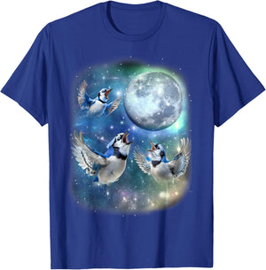 Three Blue Jay With The Moon Avian Birdwatching Birds Lover T-Shirt - T-Shirt | Royal