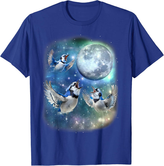 Three Blue Jay With The Moon Avian Birdwatching Birds Lover T-Shirt - T-Shirt | Royal