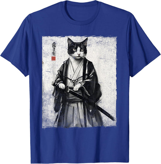 Samurai Cat Ukiyo-e Warrior Art Vintage Ninja Cat Graphic T-Shirt - T-Shirt | Royal