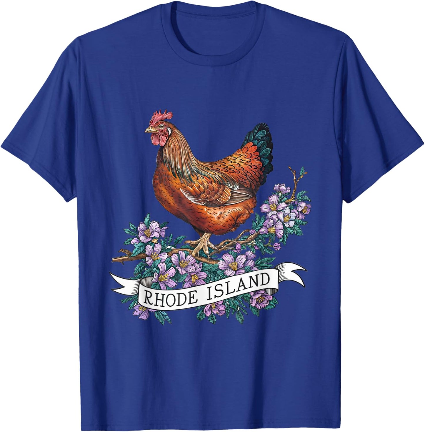 Rhode Island Red Chicken Bird and Violet Flower T-Shirt - T-Shirt | Royal