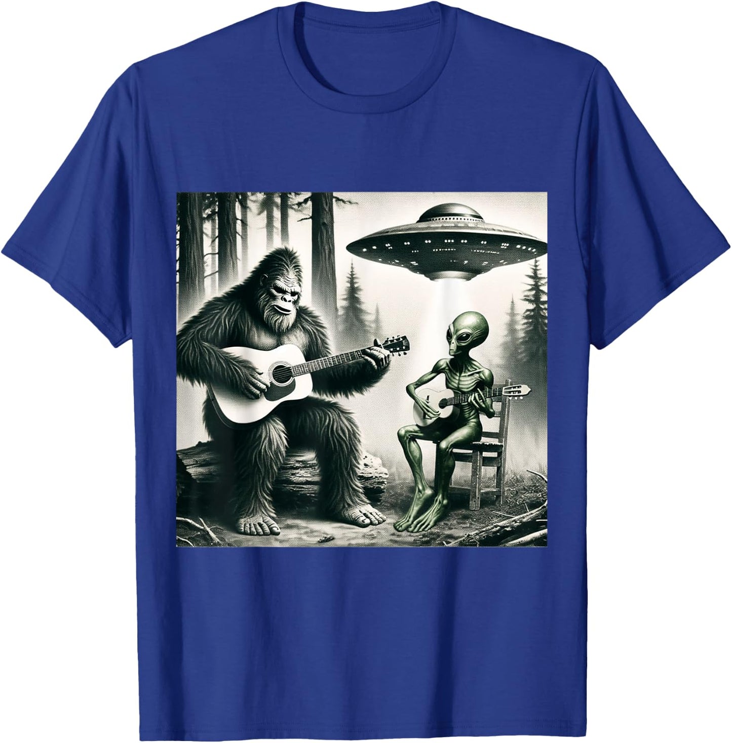 Funny Bigfoot And Alien Playing Electric Guitar. Bigfoot UFO T-Shirt - T-Shirt | Royal