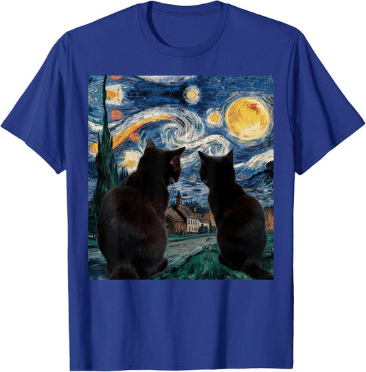 Black Cats Starry Night Van Gogh Cat Lover Men Women Girls Kids T-Shirt - T-Shirt | Royal