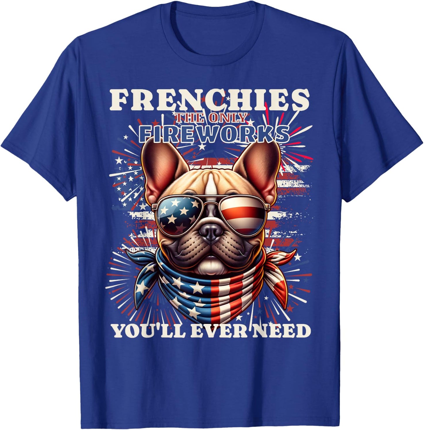 Frenchie Bulldog Patriotic 4th of July Fireworks USA Flag T-Shirt - T-Shirt | Royal