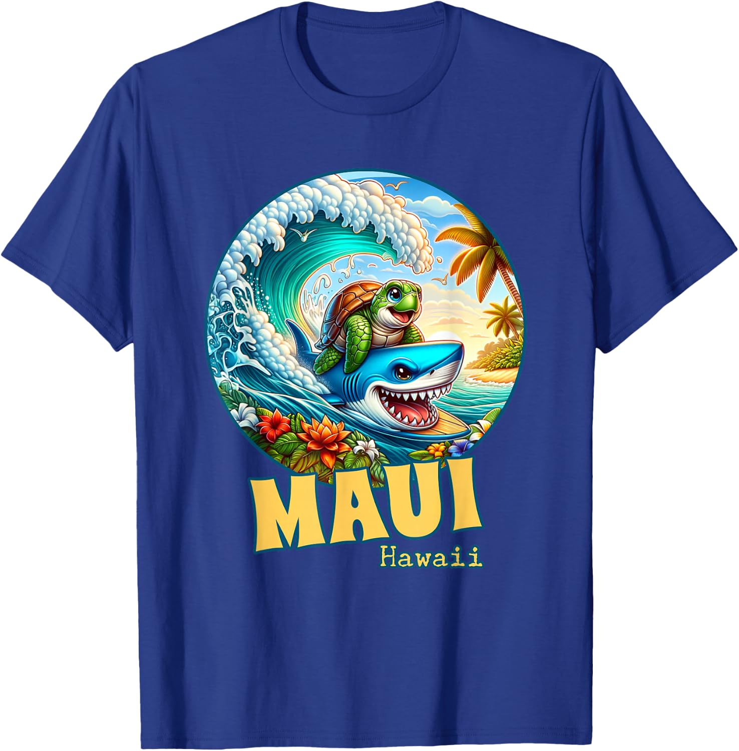 Maui Hawaii Surfing Sea Turtle and Shark T-Shirt - T-Shirt | Royal