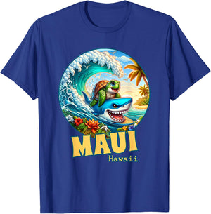 Maui Hawaii Surfing Sea Turtle and Shark T-Shirt - T-Shirt | Royal