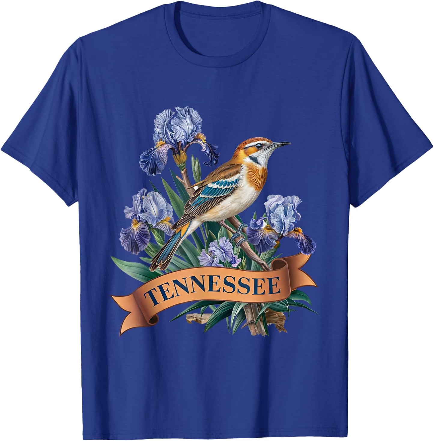 Tennessee Northern Mockingbird Bird and Iris Flower T-Shirt - T-Shirt | Royal