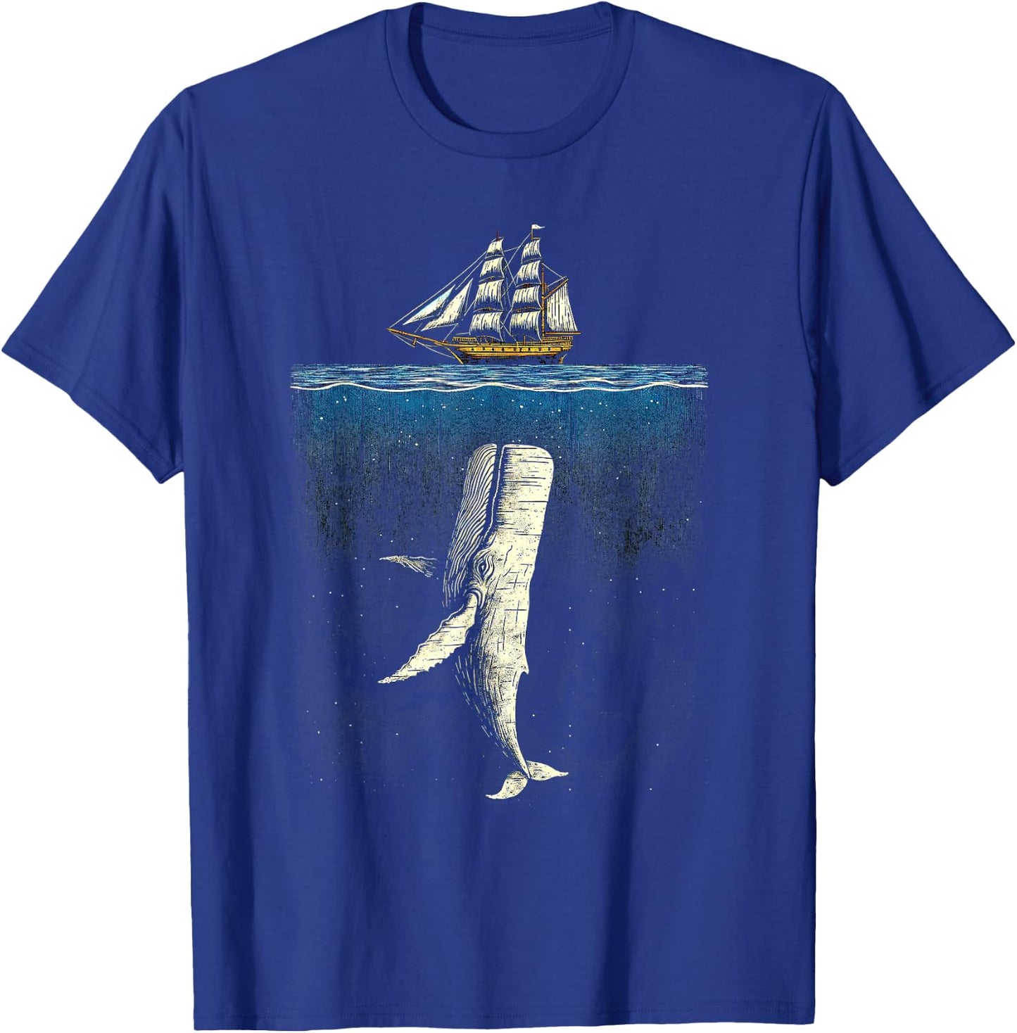 Moby Dick Inspired Threatening Whale and Ship Artwork T-Shirt - T-Shirt | Royal