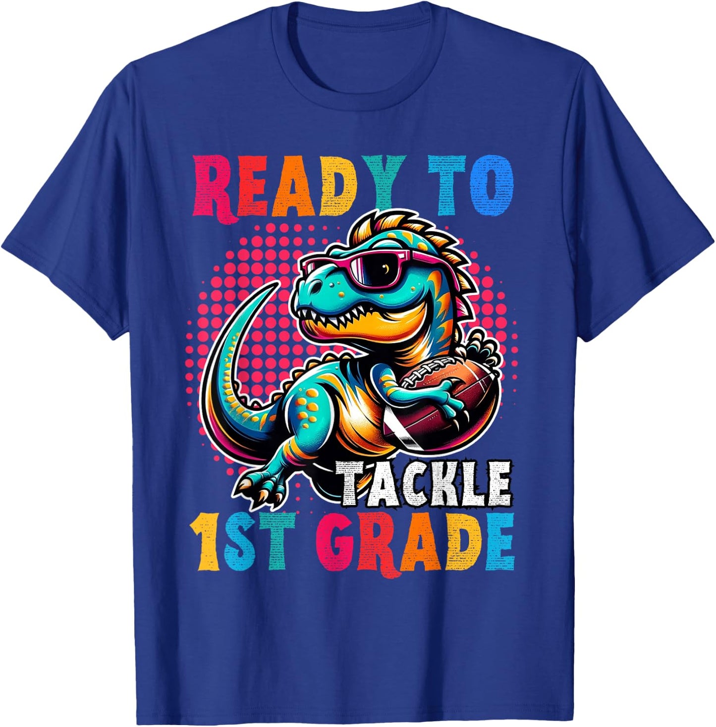 First Day Back to School 1st Grade Boys Football Dinosaur T-Shirt - T-Shirt | Royal