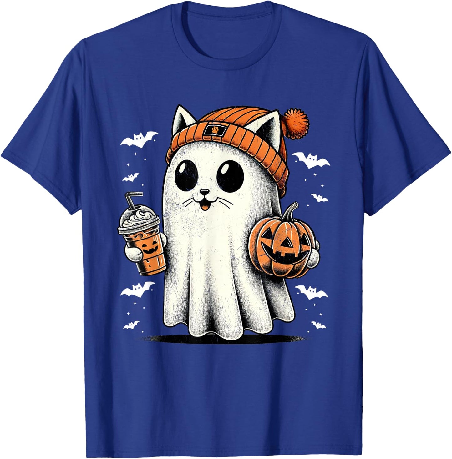 Cute Cat Ghost Iced Coffee Funny Ghost Halloween Ice Coffee T-Shirt - T-Shirt | Royal