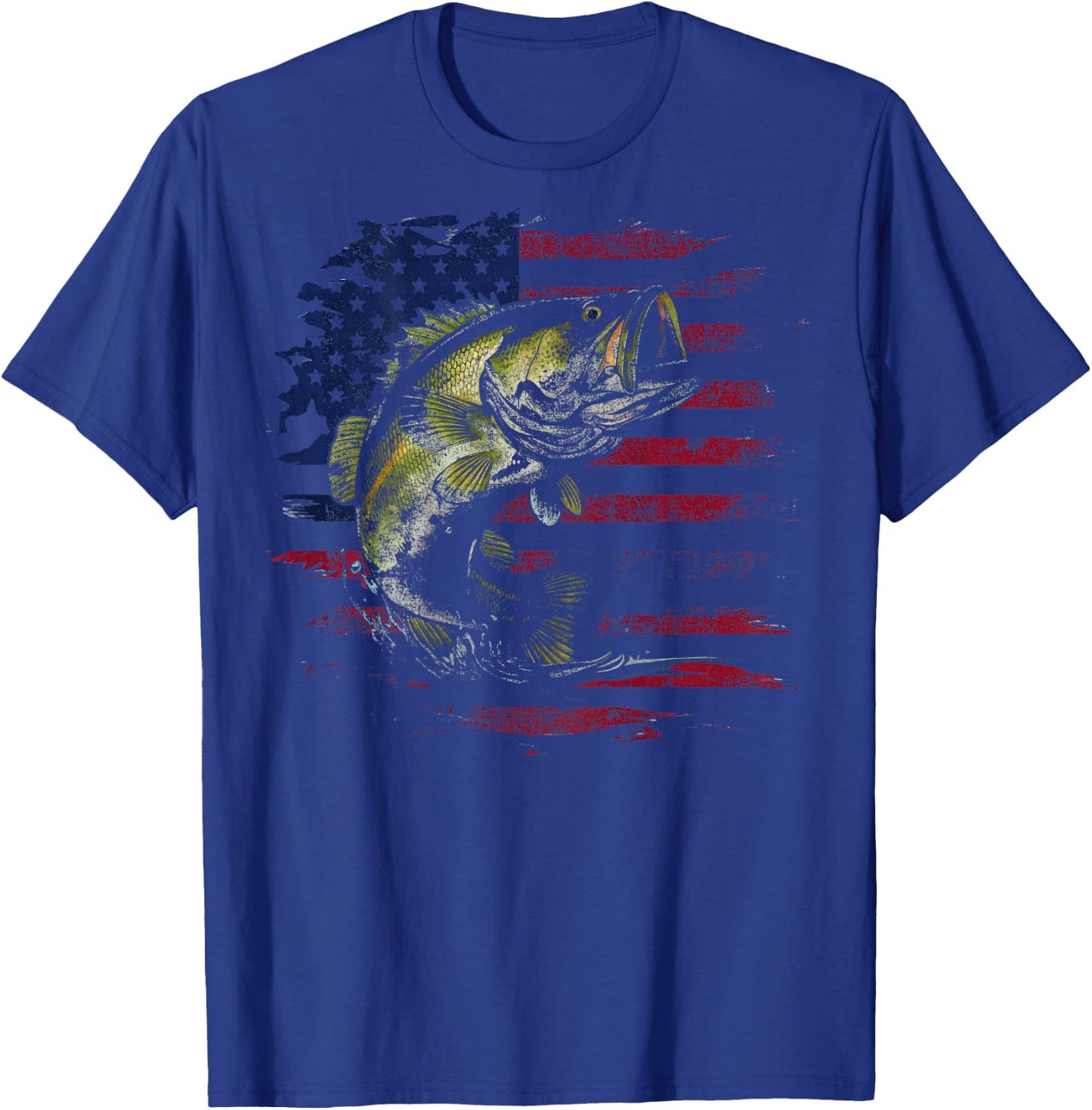American Flag Camo Bass Fish Fishing Fisherman (on back) T-Shirt - T-Shirt | Royal