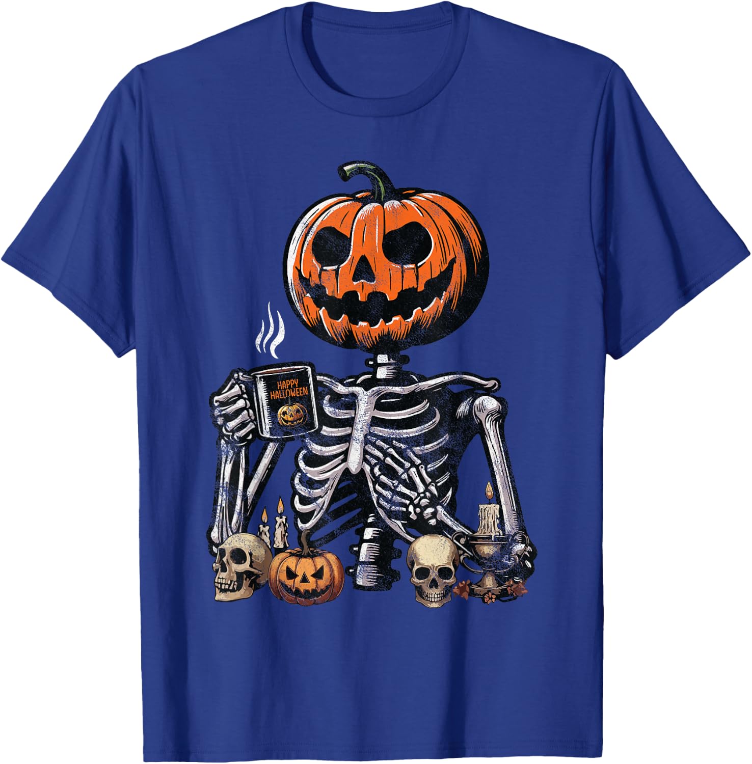 Skeleton Pumpkin Coffee Drinking Funny Halloween Costume T-Shirt - T-Shirt | Royal