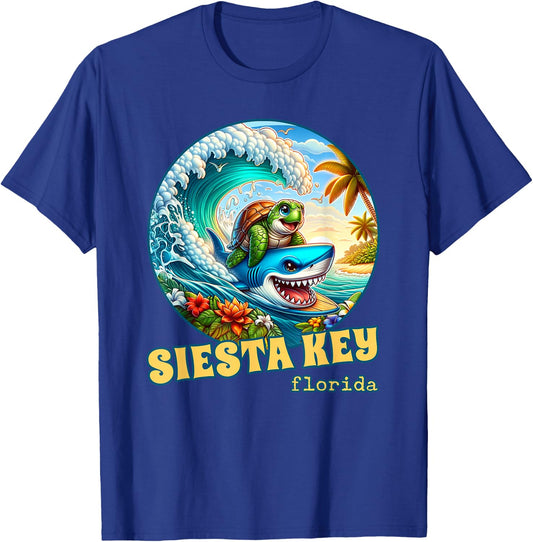 Siesta Key Florida Surfing Sea Turtle and Shark T-Shirt - T-Shirt | Royal