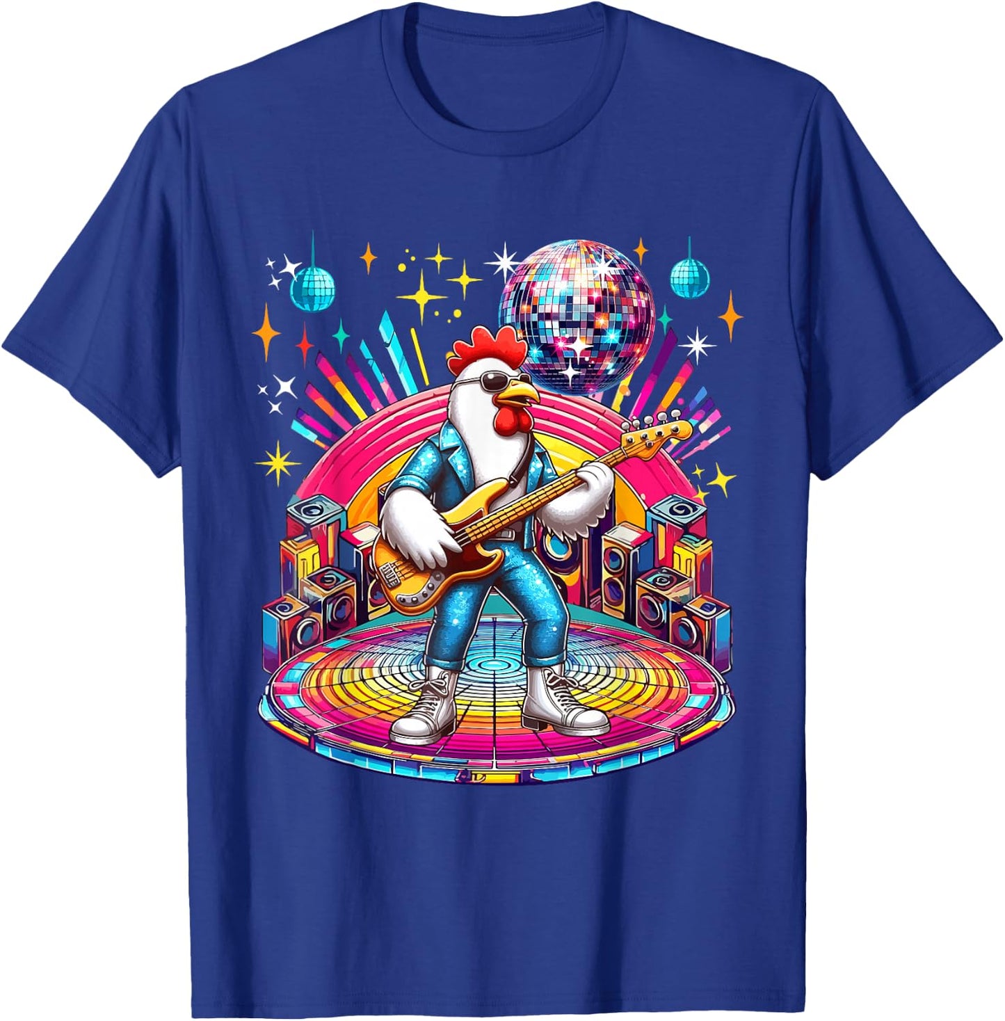 Chicken Sunglasses Playing Guitar Colourful Costume Disco T-Shirt - T-Shirt | Royal