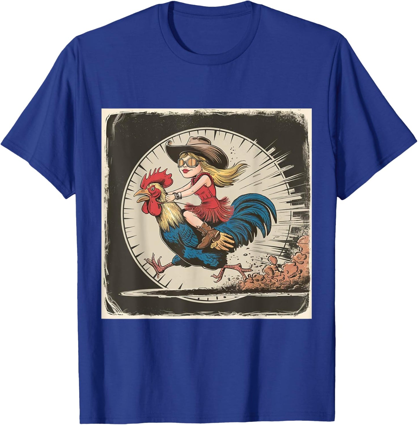 Funny Vintage Distressed Cowgirl Riding Chicken Rooster T-Shirt - T-Shirt | Royal