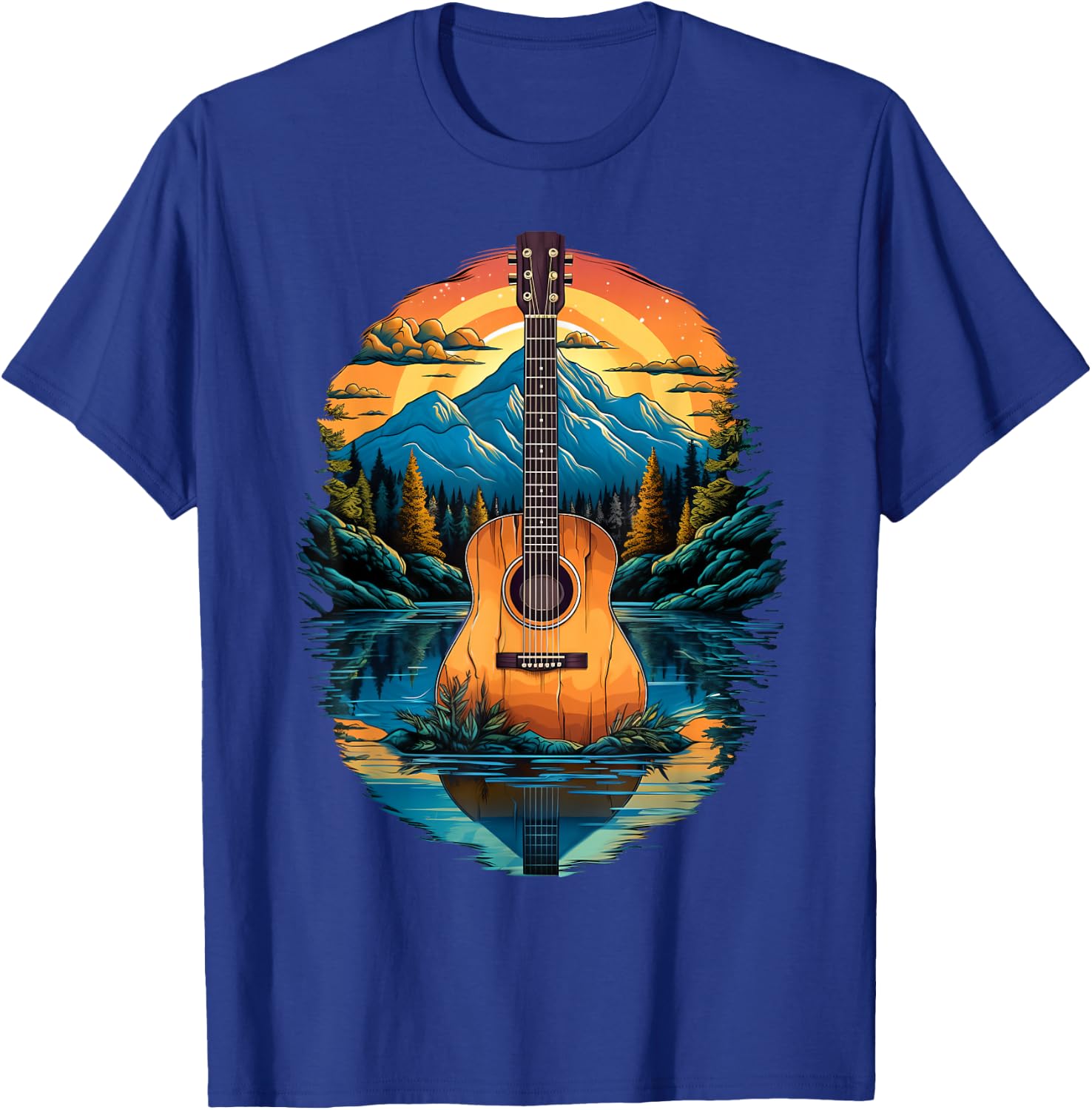 Acoustic Guitar Sunset By The Lake T-Shirt - T-Shirt | Royal