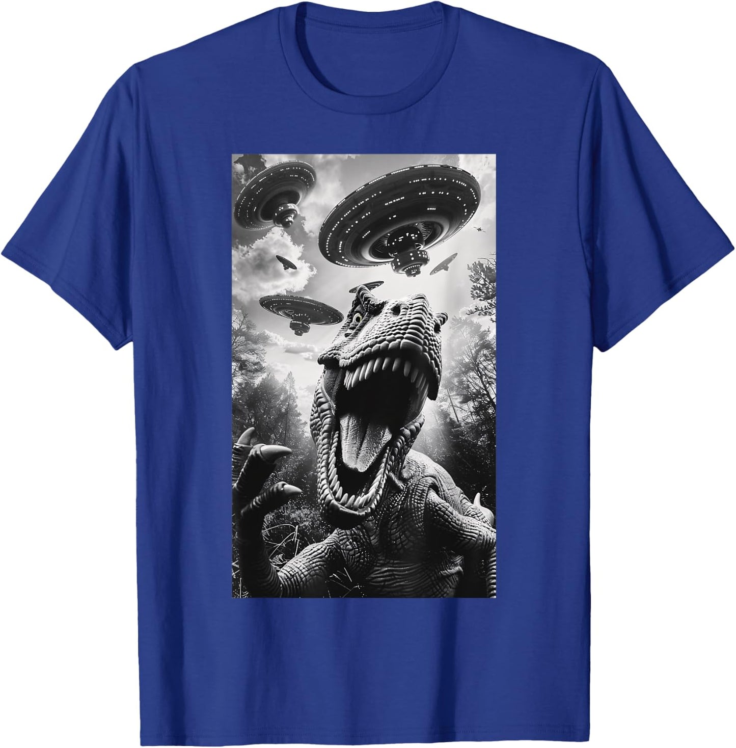 Funny T rex Dinosaur UFO Flying Saucer Alien Men Women T-Shirt - T-Shirt | Royal