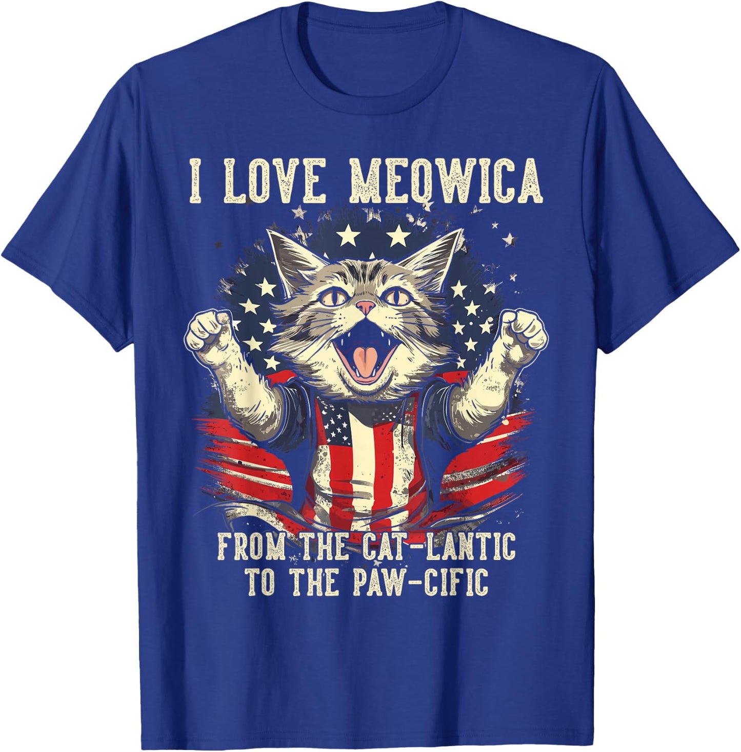 4th July Cat Lover, I Love Meowica Patriotic Funny Happy Cat T-Shirt - T-Shirt | Royal