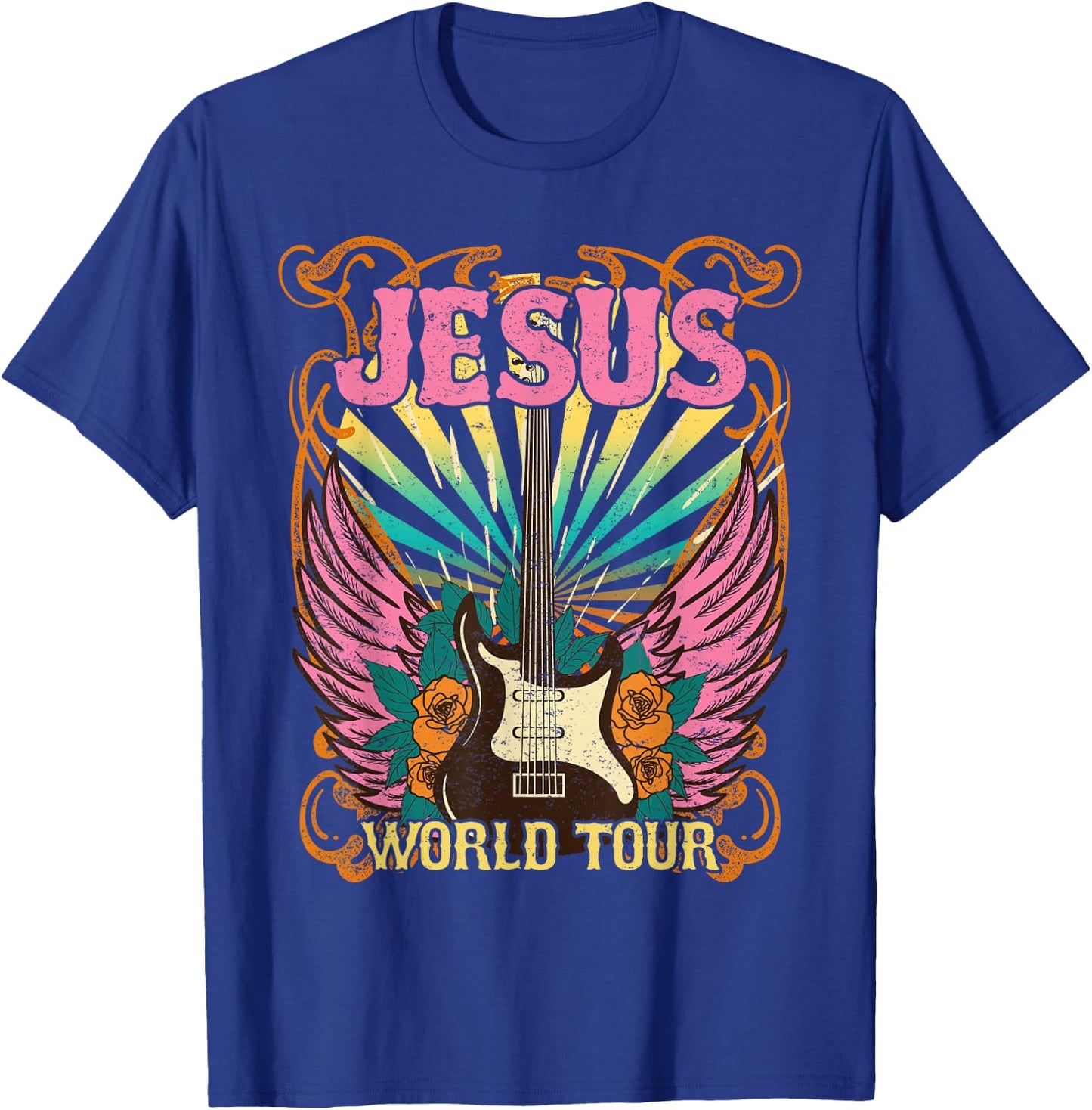 Jesus World Tour Retro 70s 80s Rock Concert Guitar Christian T-Shirt - T-Shirt | Royal