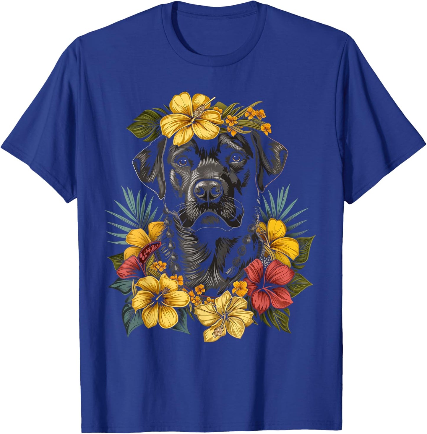 Labrador Hawaiian Flowers Hibiscus Hula Hawaii Black Lab Dog Women Kids T-Shirt - T-Shirt | Royal