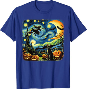 Halloween Witch Van Gogh Starry Night Black Cat Pumpkin Bats T-Shirt - T-Shirt | Royal