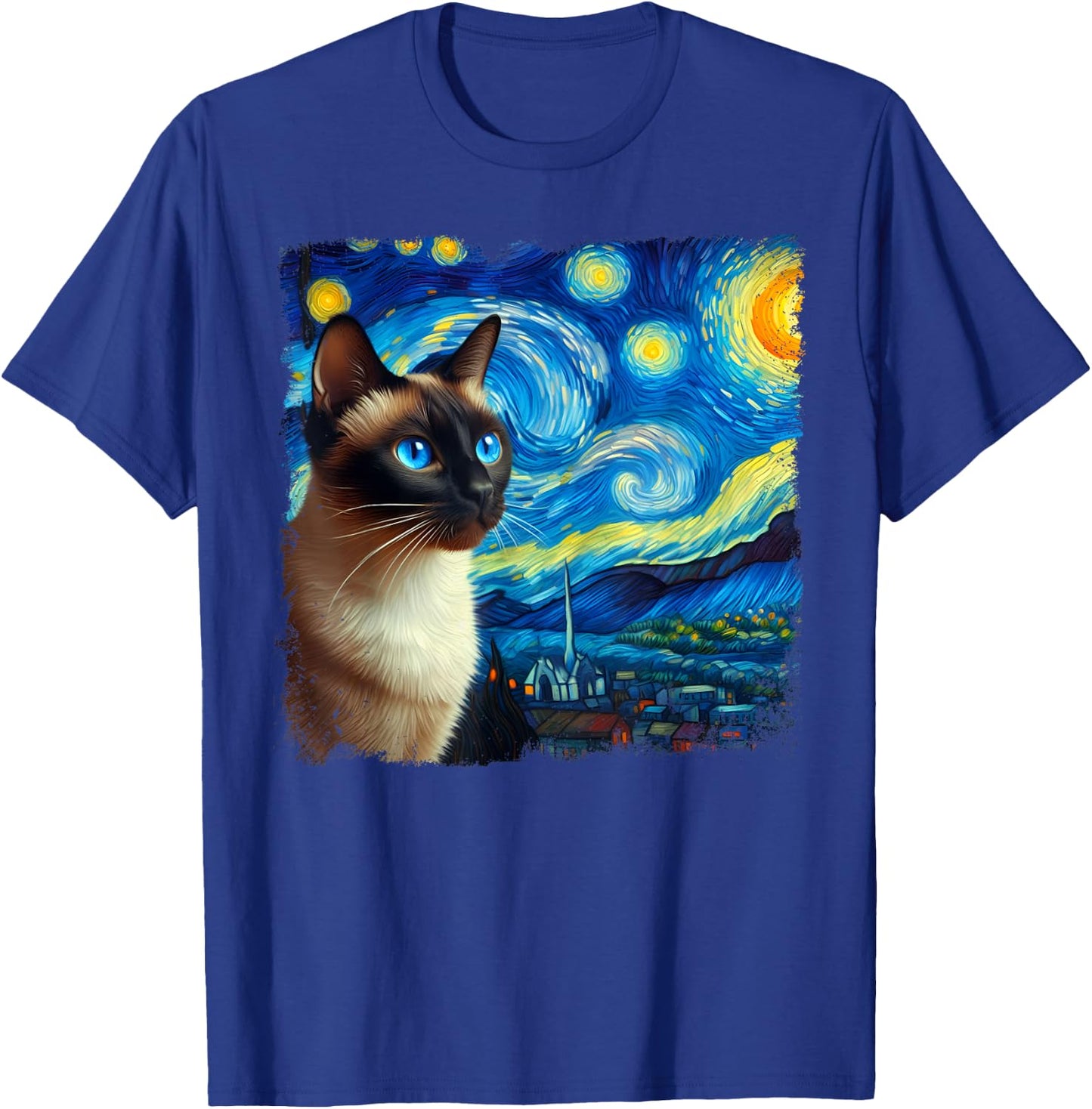 Funny Cute Siamese Cat Starry Night Van Gogh Painting T-Shirt - T-Shirt | Royal
