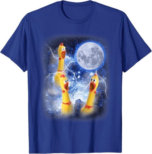 Three Rubber Chicken Moon Funny Screaming Fowl Cursed Joke T-Shirt - T-Shirt | Royal